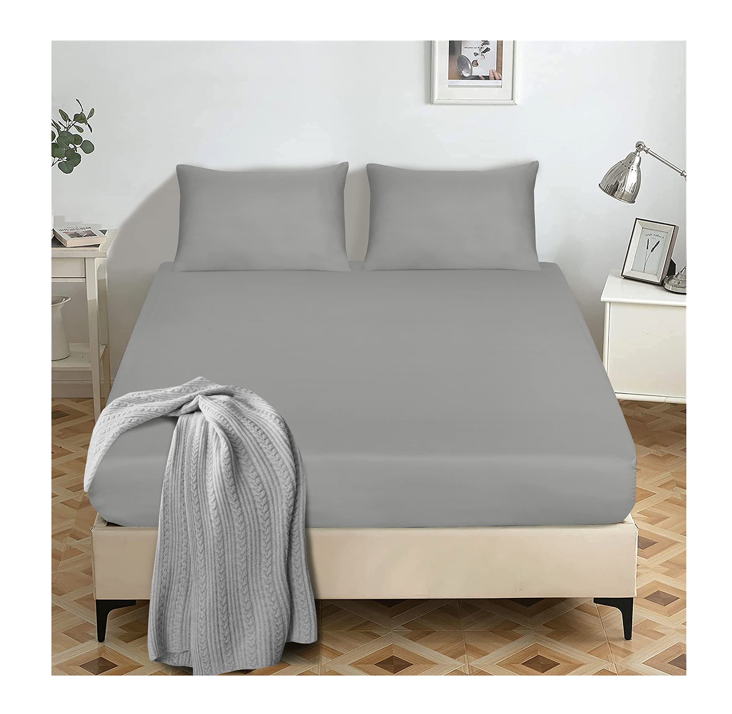 Light Grey Fitted Sheet Super King Size, 25cm Deep Pocket, Easy Care, Brushed Microfiber Bed Sheets