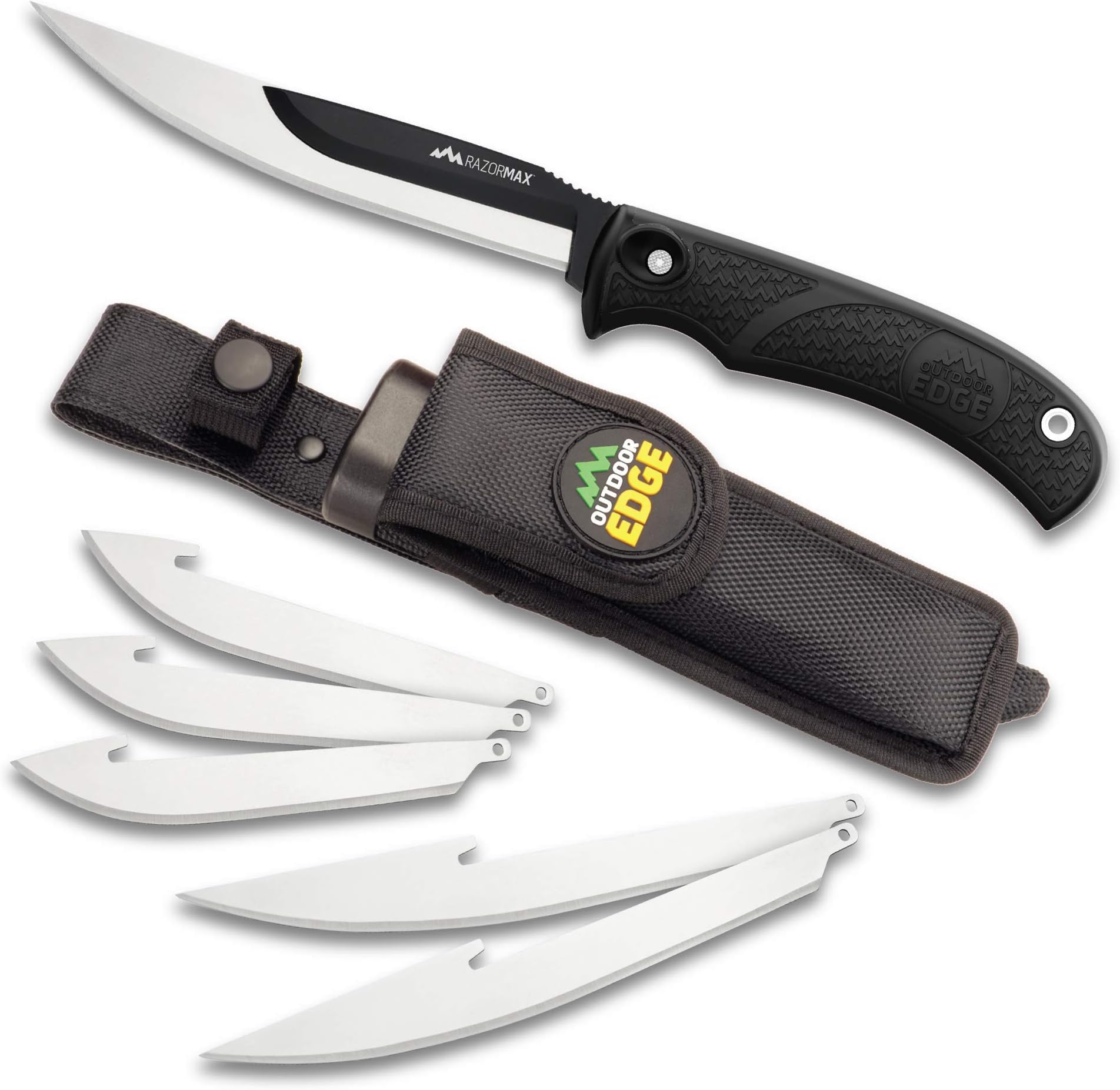 - OUTDOOR EDGE RazorMax - Replaceable Fixed Blade Hunting Knife with 3.5" Drop-Point, 5" Boning/Fillet Blades, Belt Sheath and Detachable Blade Carrier (Black, 6 Blades)