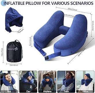 Sunany Neck Pillow for Travel Inflatable Airplane Pillow Comfortably Supports Head,Neck and Chin,Inflatable Travel Pillow with Soft Velour Cover,Hat,Portable Drawstring Bag (Blue)