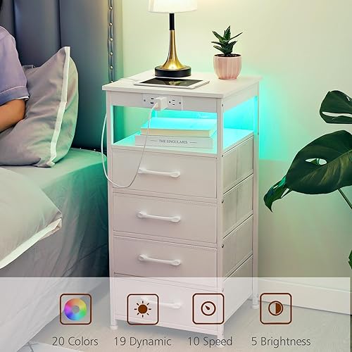 Miniatura 4 de LOAKEKEL Juego de 2 mesitas de noche blancas con estación de carga, mesas auxiliares LED con puertos USB C y 2 tomas, mesita de noche con 4 cajones