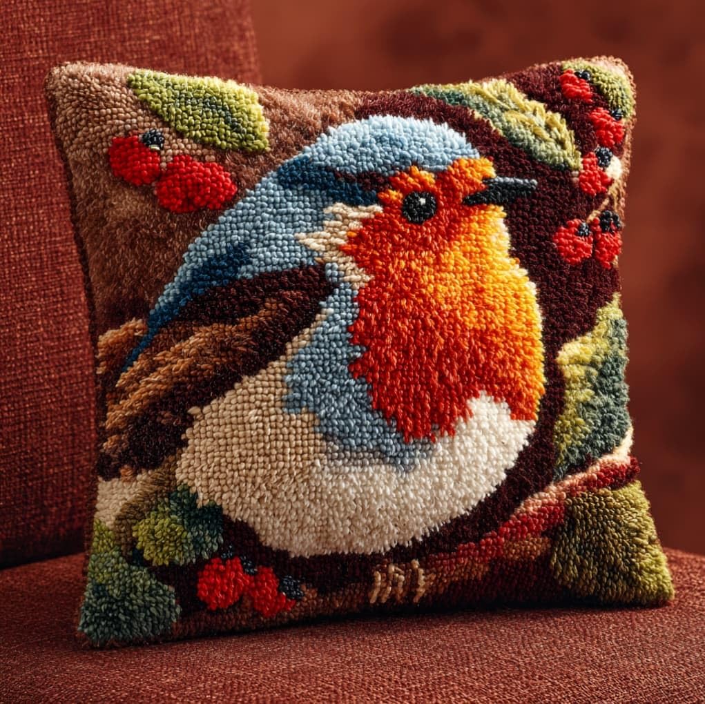 AxiangziK Pre-Printed Latch Hook Pillow Kit,Animal Robin