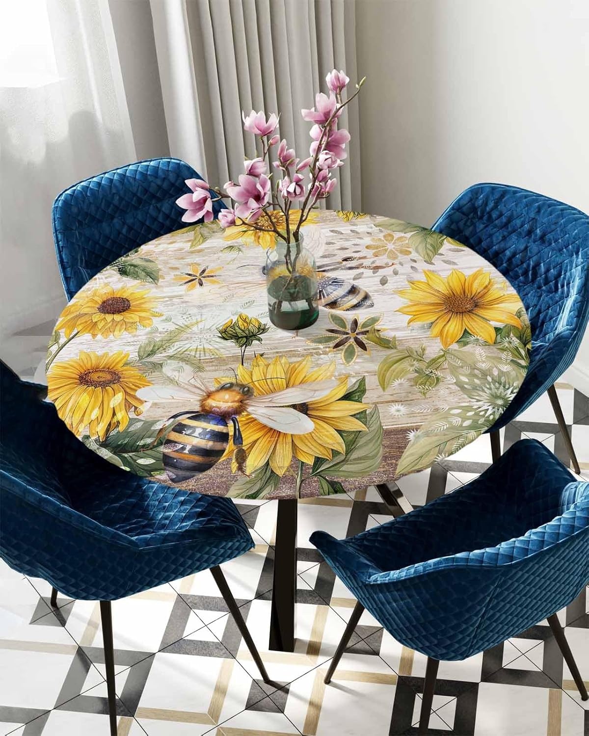 Summer Yellow Sunflower Fitted Round Tablecloth, Waterproof Tablecloth with Elastic Edged Rustic Bee Oil Proof Table Cover for Dining Indoor Outdoor Patio Fits 55"-60" Round Table, Brown Wooden