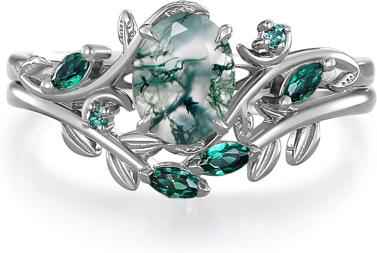 High-grade Moss Agate Wedding Ring Set 925 Sterling Silver /10k/14k/18k Black Gold Green Moss Jewelry Rings Wedding Band for Women for Anniversary Engagement Free Engrave - Image 5