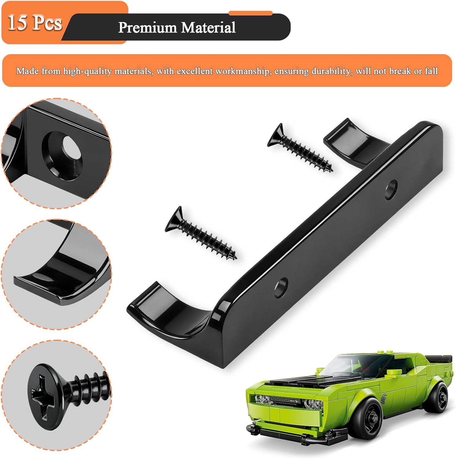 15 Pcs Sturdy Wall Bracket, Vertical Car Display Wall Mount, with 30 Pcs Screws, Compatible with Lego Speed Champion Series Brick Car Models, Display Collectible Cars Vertical by Wheels on Wall, Black