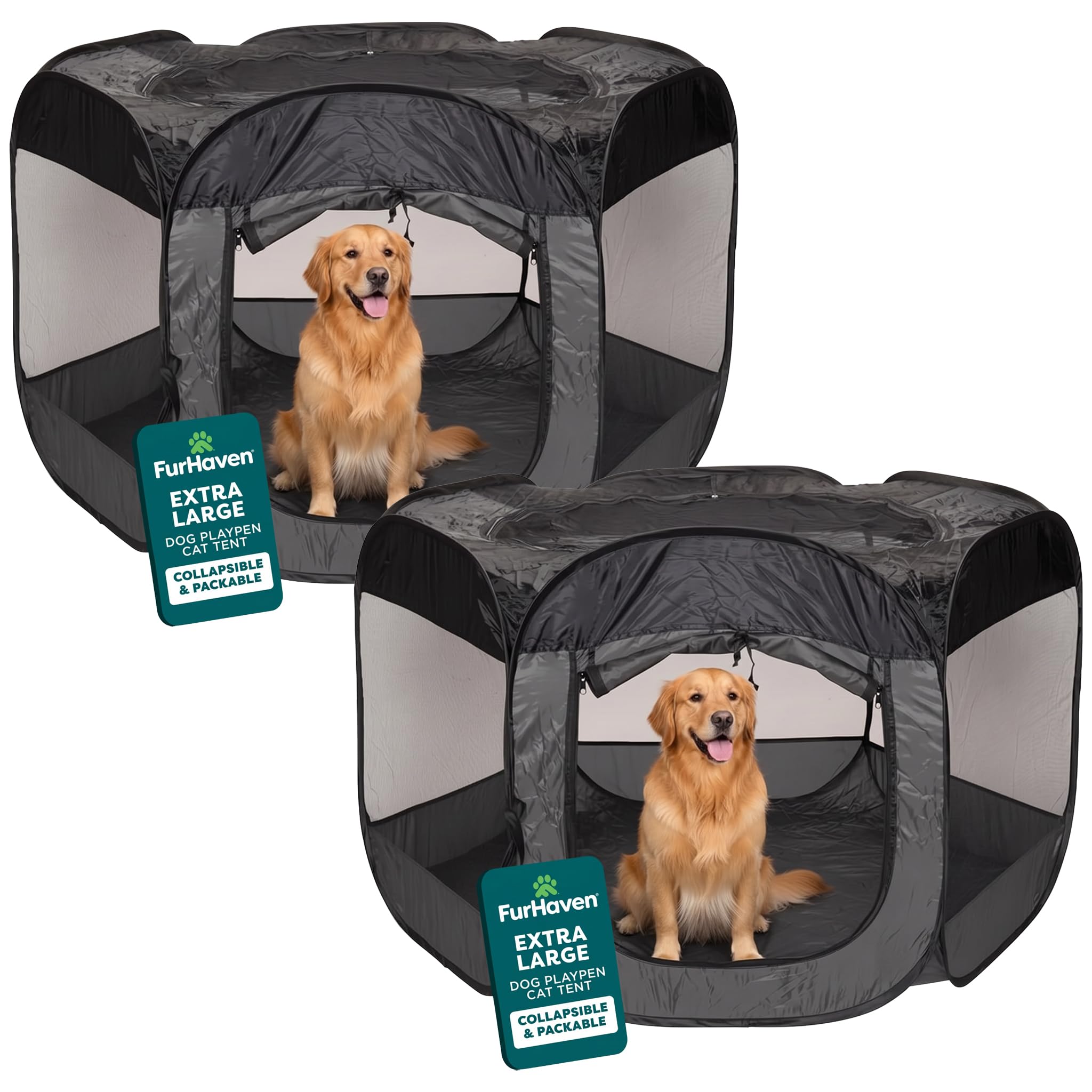 FurHaven Portable Pet Playpen for Dogs &amp; Cats,Extra Large Indoor Kitten Playpen -Mesh Sides,Foldable Dog-Playpen for Small Dogs,Pop Up Travel Dog Pen,X-Large,Pet Crate with Mesh Sides,Gray,(Pack of 2)
