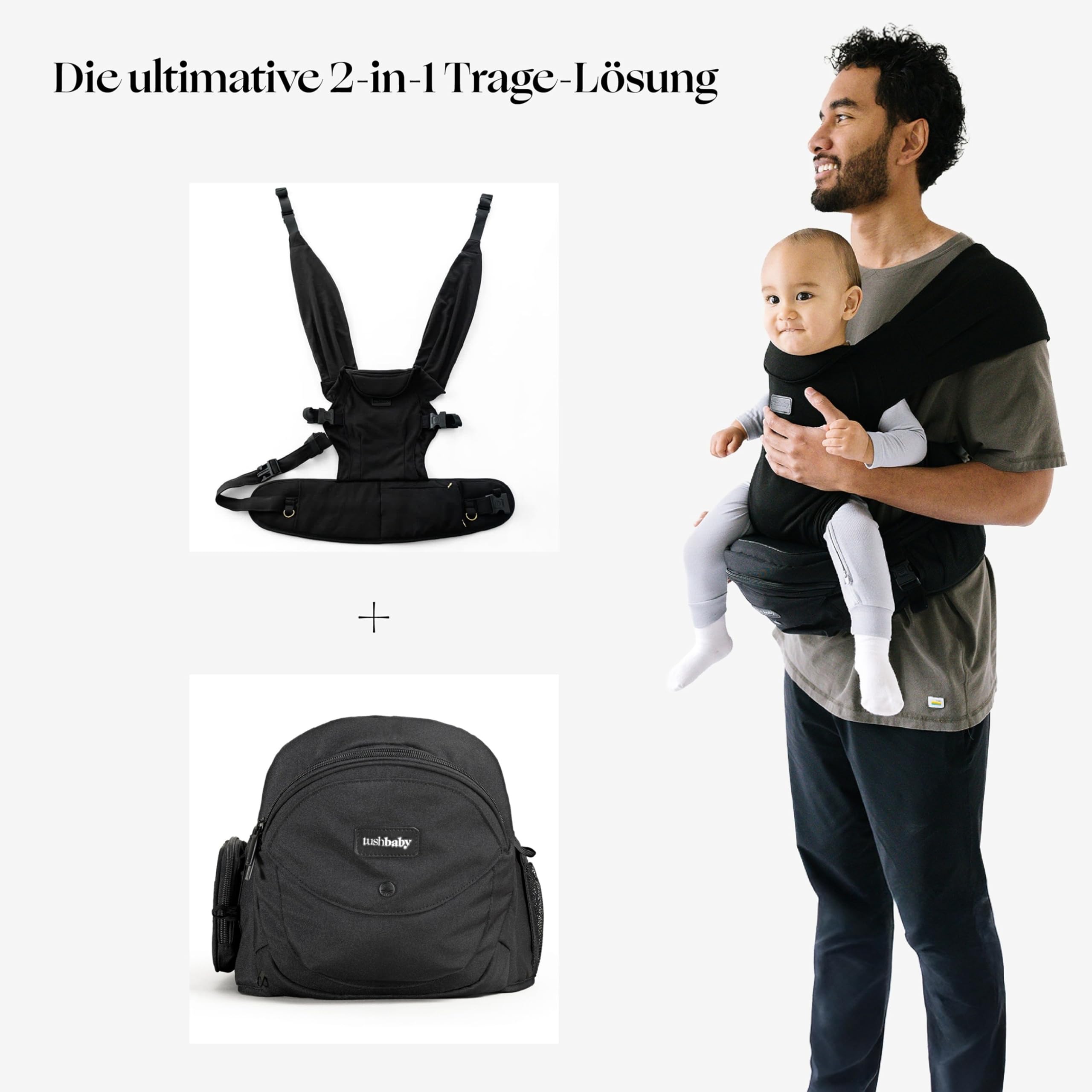 Tushbaby Hands Free Carrier Set | Hüftsitz Baby und Snug Trage | Kindertrage mit ergonomischem Baby Hüftsitz | Kindertrage Rucksack mit Stauraum | Für Kinder bis 20 kg | Schwarz