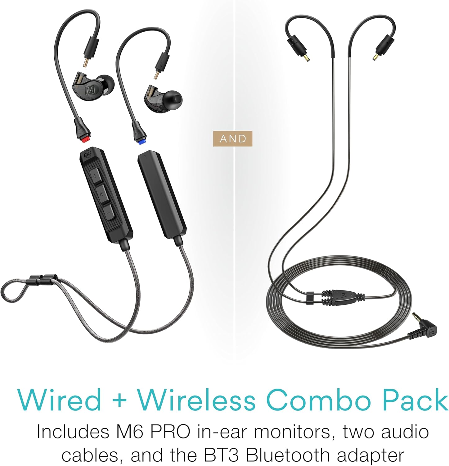 MEE audio M6 PRO Musicians' In-Ear Monitors Wired + Wireless Combo Pack: Includes IEMs, 2 Audio Cables and BT3 Hi-Res Bluetooth Audio Adapter w/aptX, LDAC, Auracast Support, & Built-In Headset (Black)