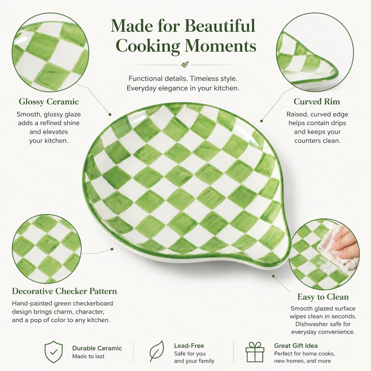 Checkered Ceramic Spoon Rest,Ceramic Spoon Rests for Coffee Bar, Kitchen Gadget Cooking Gift for Housewarming - Heat Resistant & Dishwasher Safe (Green)