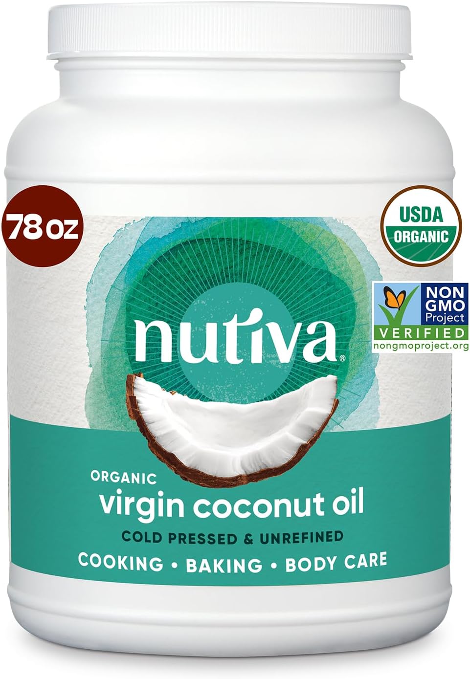 Nutiva Organic Coconut Oil 78 fl oz, Cold-Pressed, Fresh Flavor for Cooking Oil, Natural Hair Oil, Skin Oil, Massage Oil and, Non-GMO, USDA Organic, Unrefined Extra Virgin Coconut Oil (Aceite de Coco)
