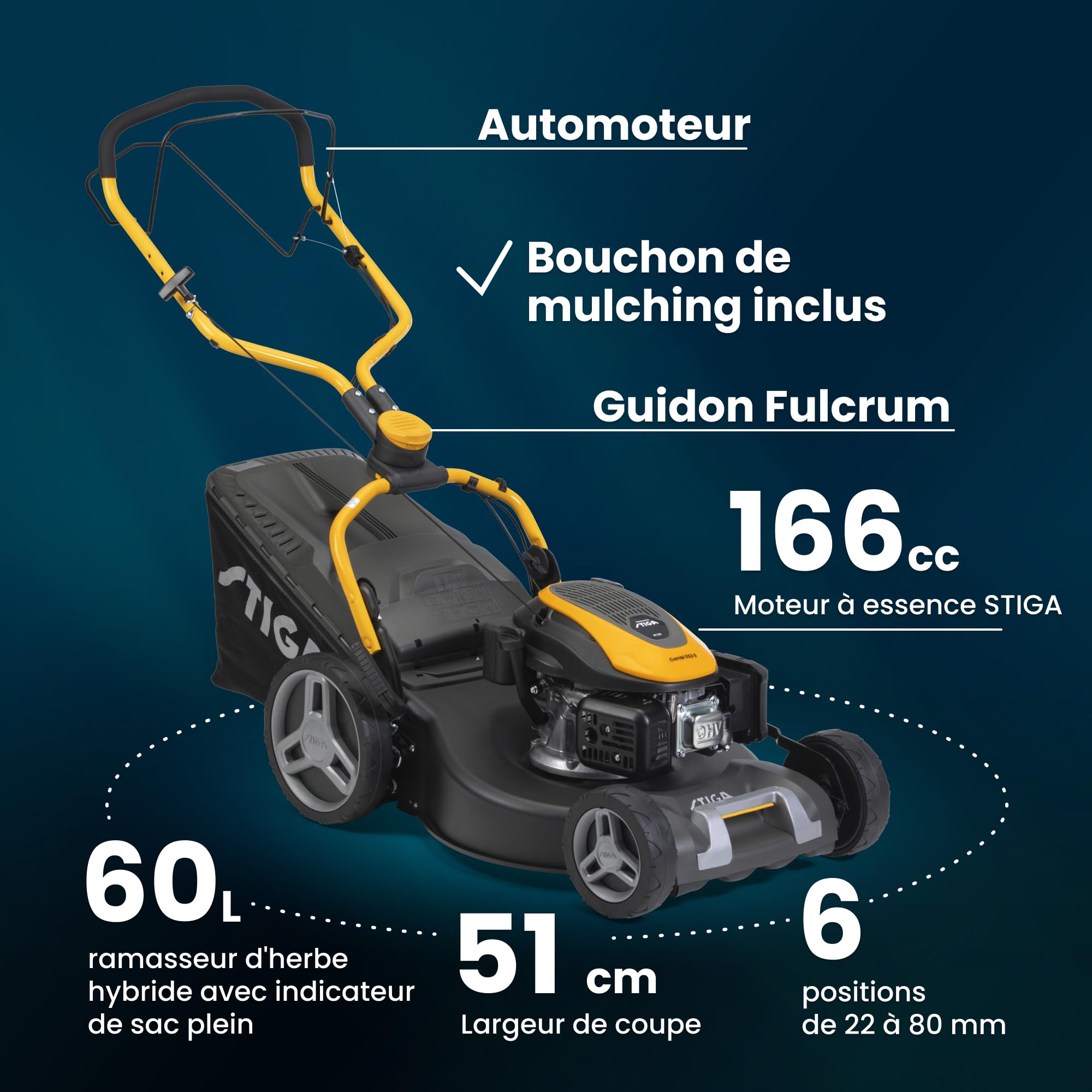 STIGA Combi 553 S Tondeuse à Gazon tractée - Moteur 166cc, Largeur de Coupe 51cm, bac de ramassage 60L, système de Coupe 3 en 1, Gris