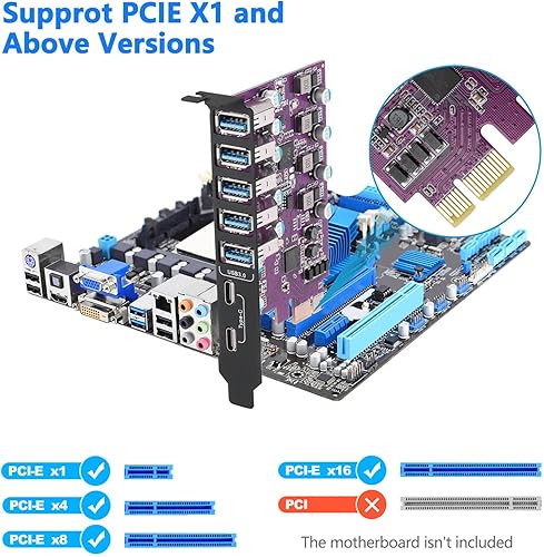 Miniatura 3 de Tarjeta de expansión PCIe a USB 3.0 de 7 puertos (2 puertos USB tipo C y 5 puertos USB tipo A), convertidor interno Tarjeta de expansión PCI Express