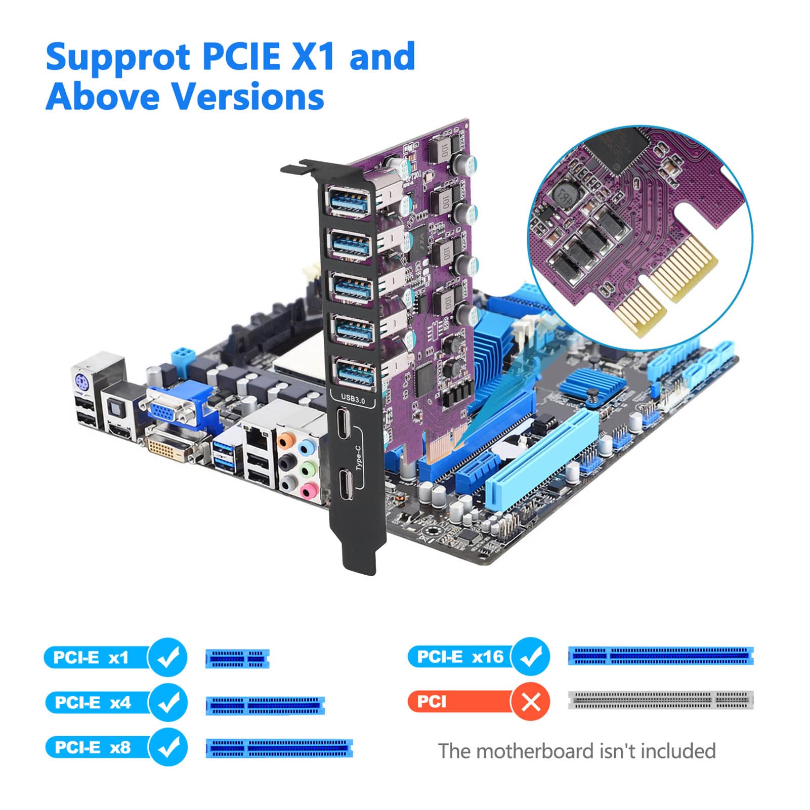 Tarjeta de expansión PCIe a USB 3.0 de 7 puertos (2 puertos USB tipo C y 5 puertos USB tipo A), convertidor interno Tarjeta de expansión PCI Express para tarjeta de PC de escritorio, compatible con 3