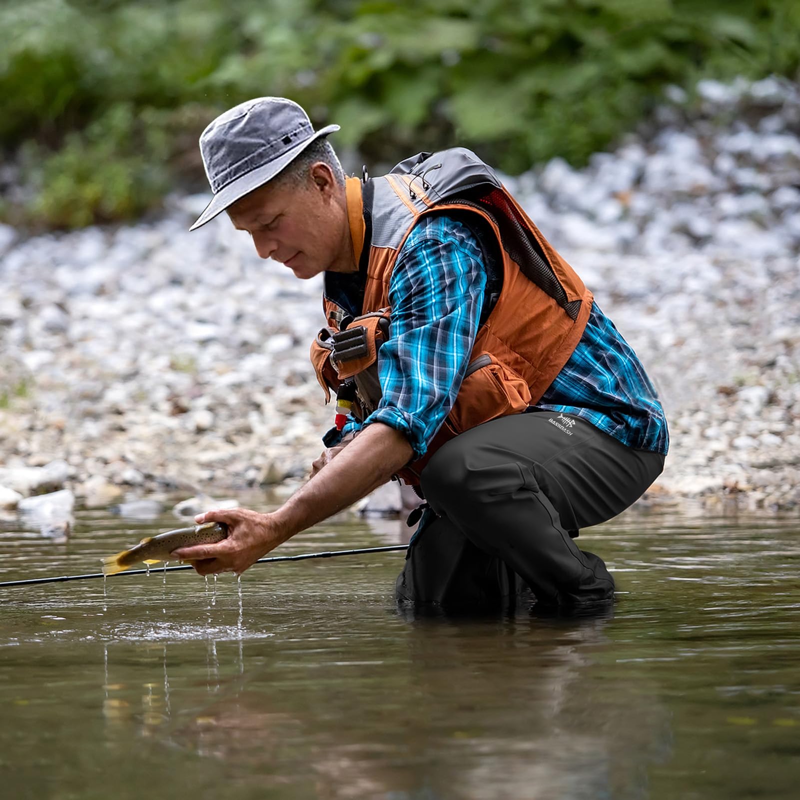 BASSDASH Atmungsaktive Wathose für Herren, mit Taschen, wasserdicht, zum Fliegenfischen, leicht, FW09
