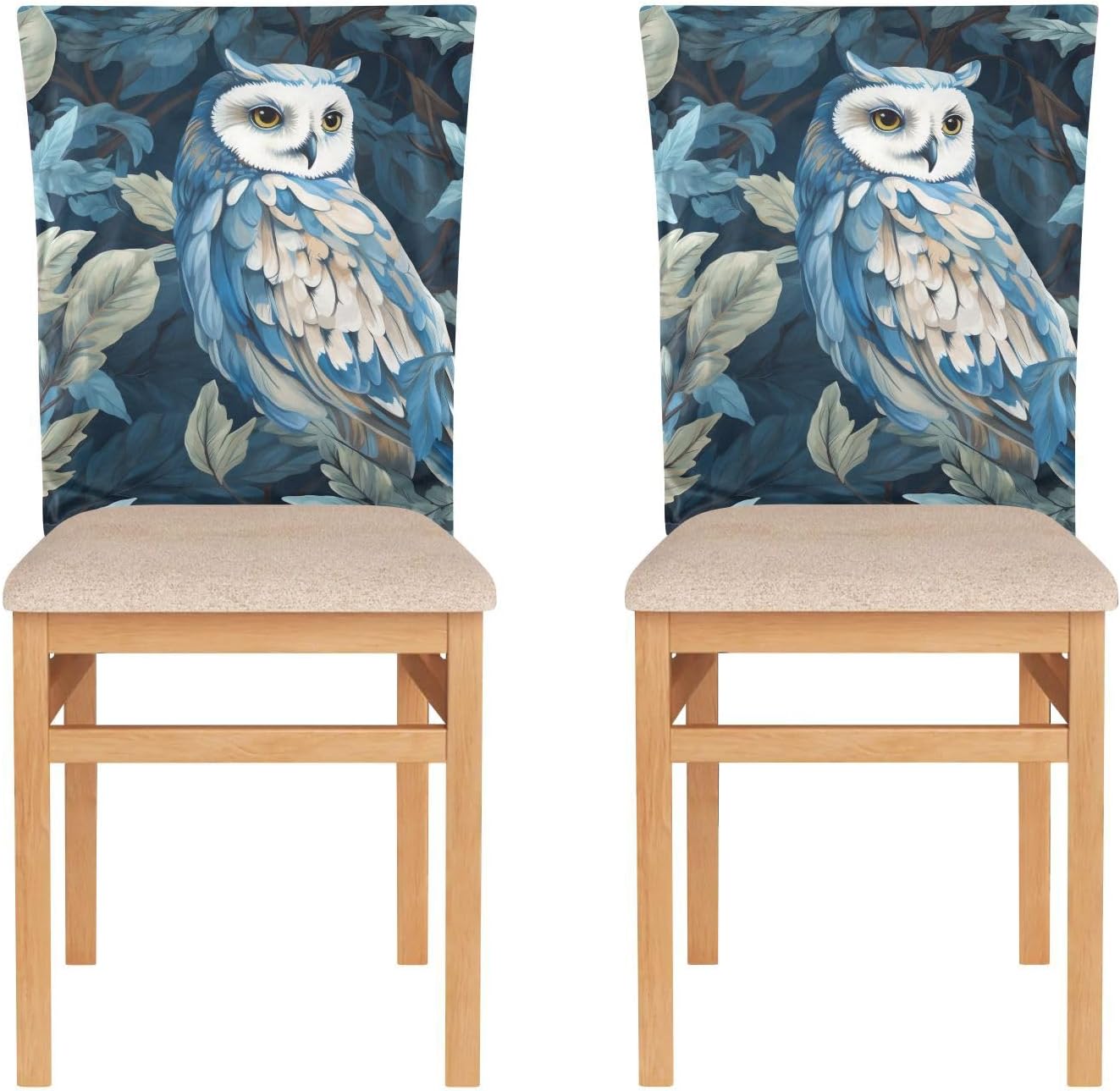 ALAZA Owl and Blue Leaves Chair Back Cover Set of 6, Washable Reusable Removable Chair Slipcovers Decorative Chair Cover for Home Kitchen Wedding Party