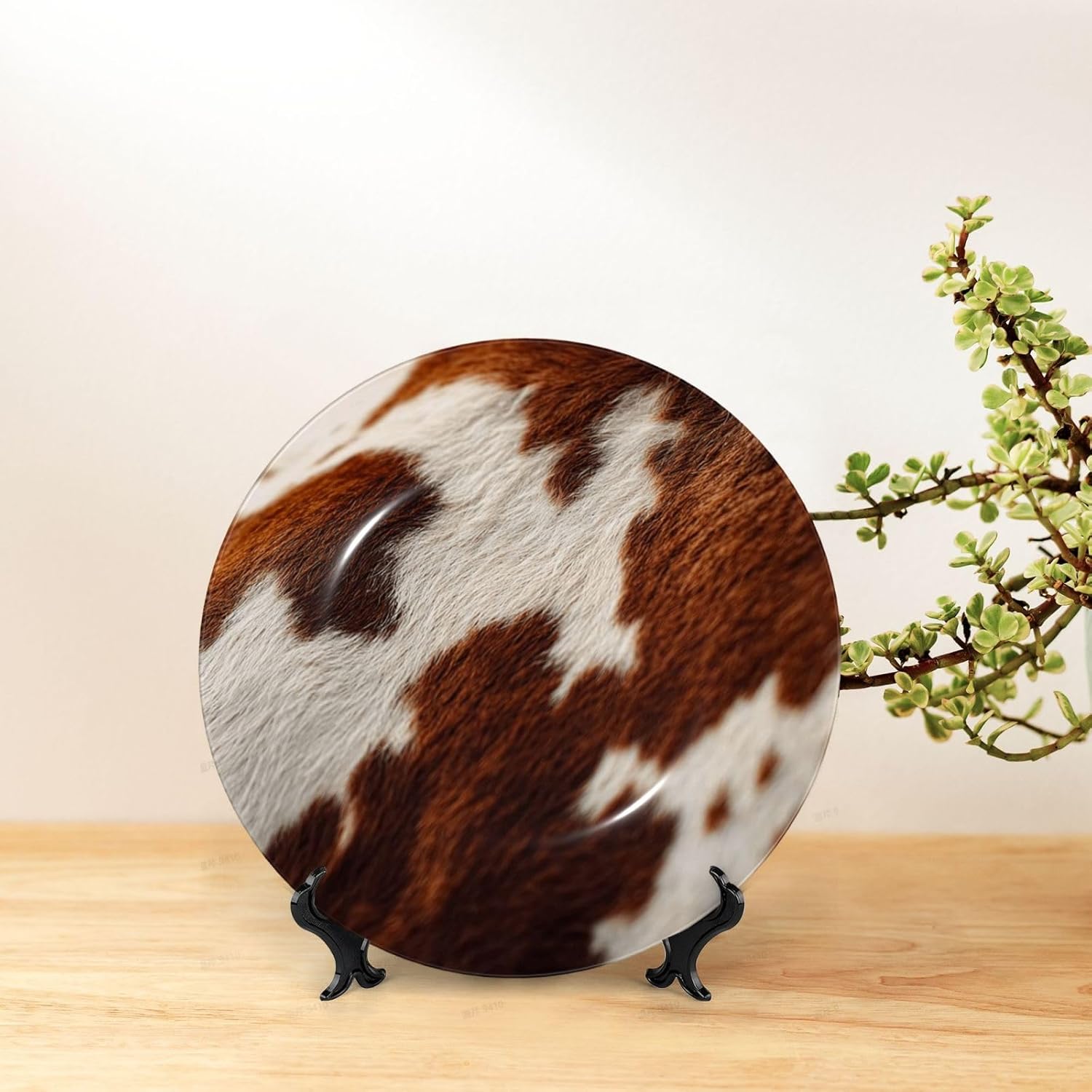 Decorative Plate 10in Bone China Dessert Plates with Display Stand Ceramic Ornament Ceramic Red and white cowhide Decorative Plates Art Crafts Porcelain Plate for Home Club Living Room