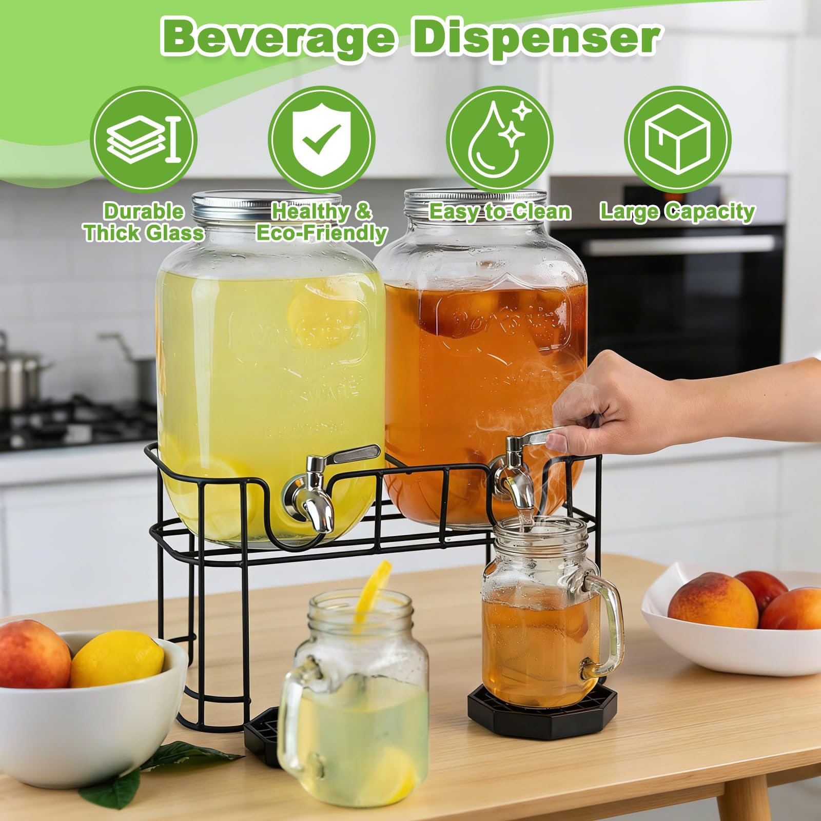 Dispensador de bebidas de vidrio 4L, 2 unidades con grifo, soporte metálico y tubo para hielo - Jarra para jugo agua fiestas bodas, camping