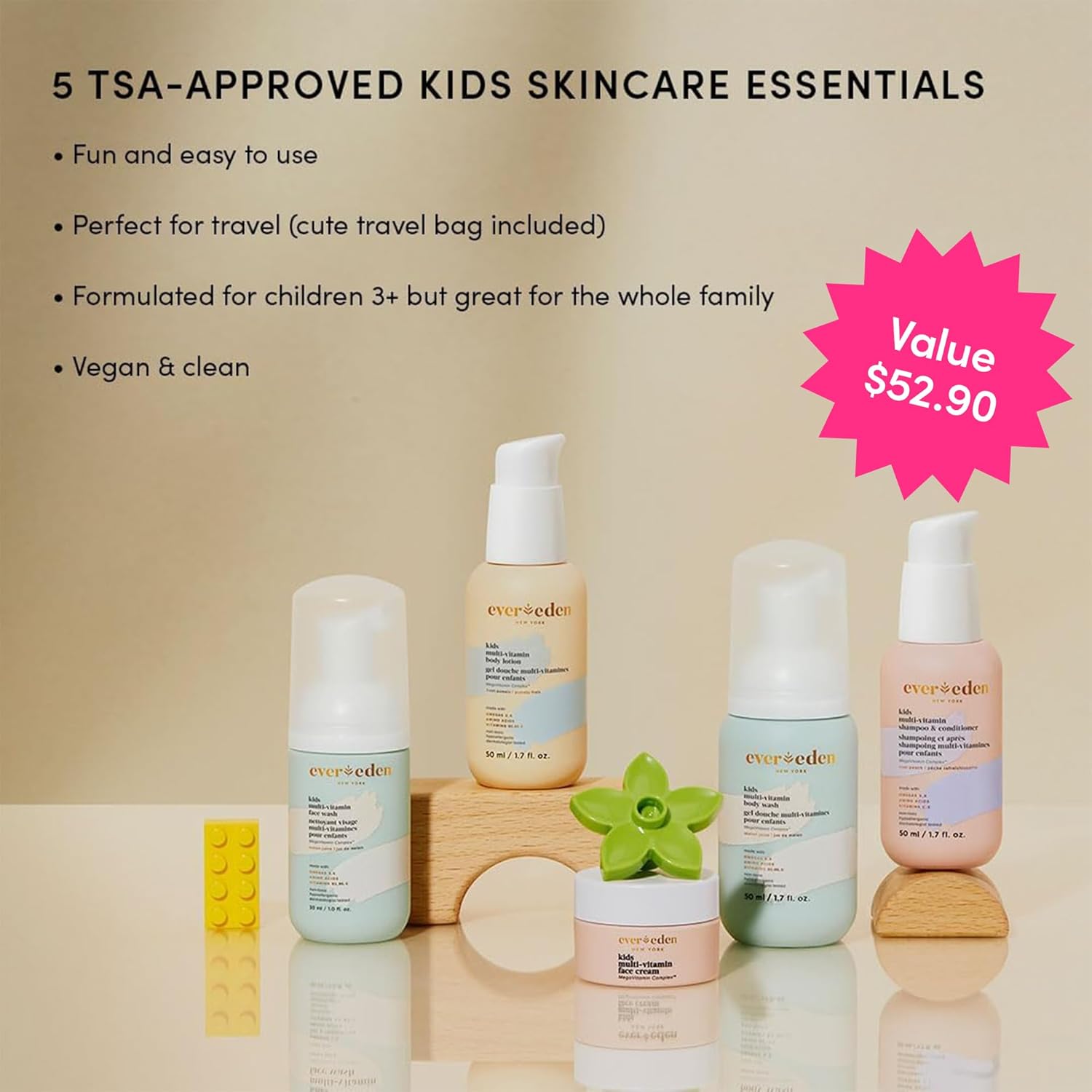 Evereden Kids Travel Set and Baby Lip Balm: Clean & Vegan 6-Piece Skin Care Set for Kids | Multi-Vitamin set - Body Wash, Lotion, Face Wash, Cream, Shampoo & Conditioner in a Puffy bag | TSA-approved