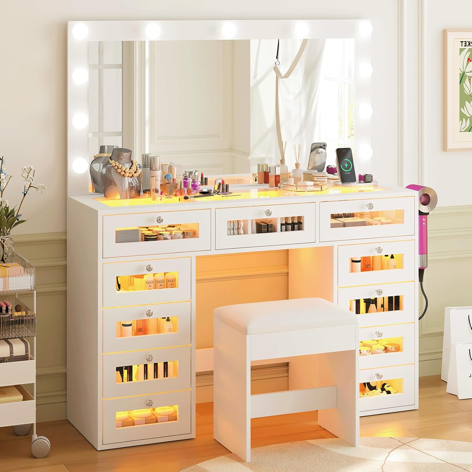 CollaredEagle Makeup Vanity with 11 Drawers and RGB Lights, White