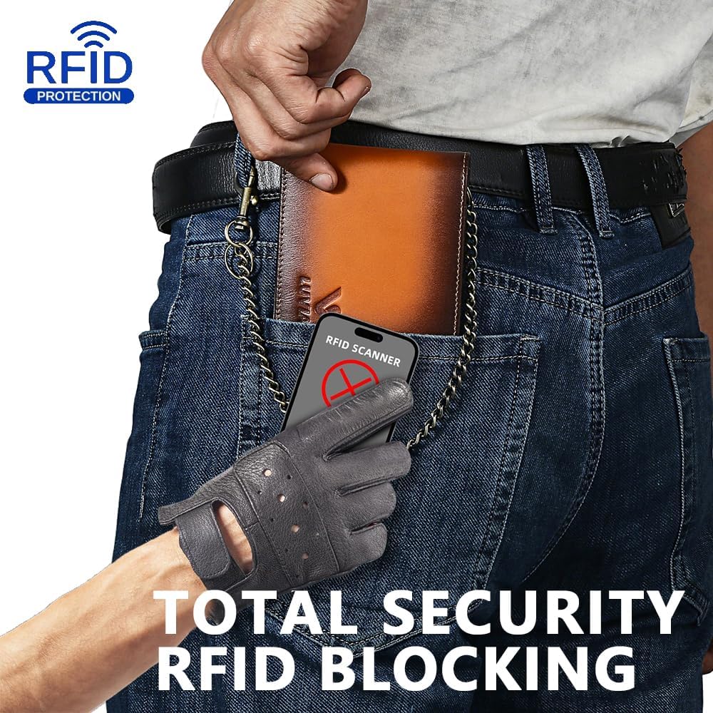 Mens Wallet with Chain RFID Blocking Genuine Leather Bifold RFID Blocking with ID Windows Card Holder Wallet with Gift Box - Image 2