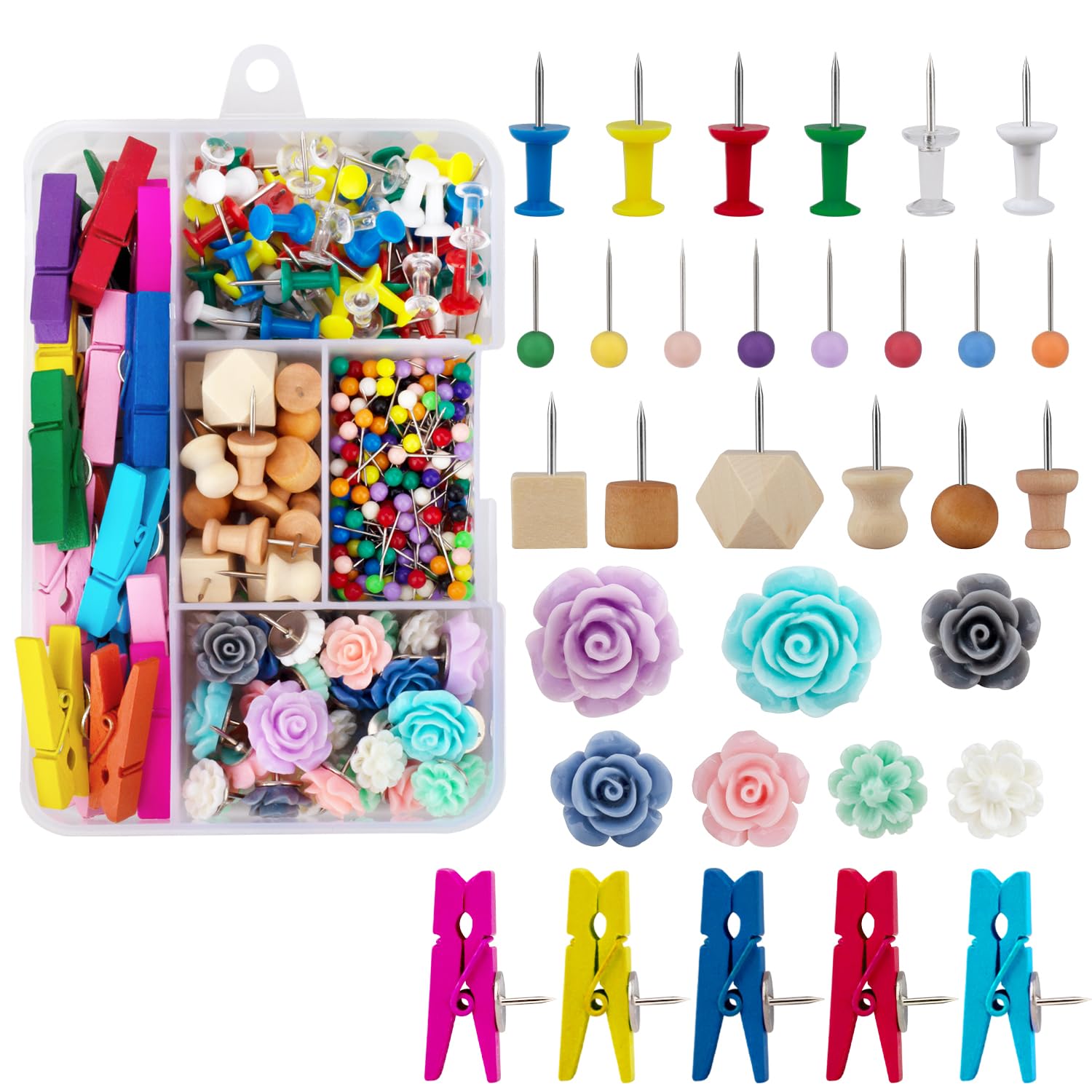 Push Pins，LYroo 200 Pcs Flower Thumb Tacks Wood Pin Board Map Tacks Marking Pins Assorted Colors Push Pin Clips for Cork Board Cute Desk Decor Accessories for Women Office Teacher Supplies