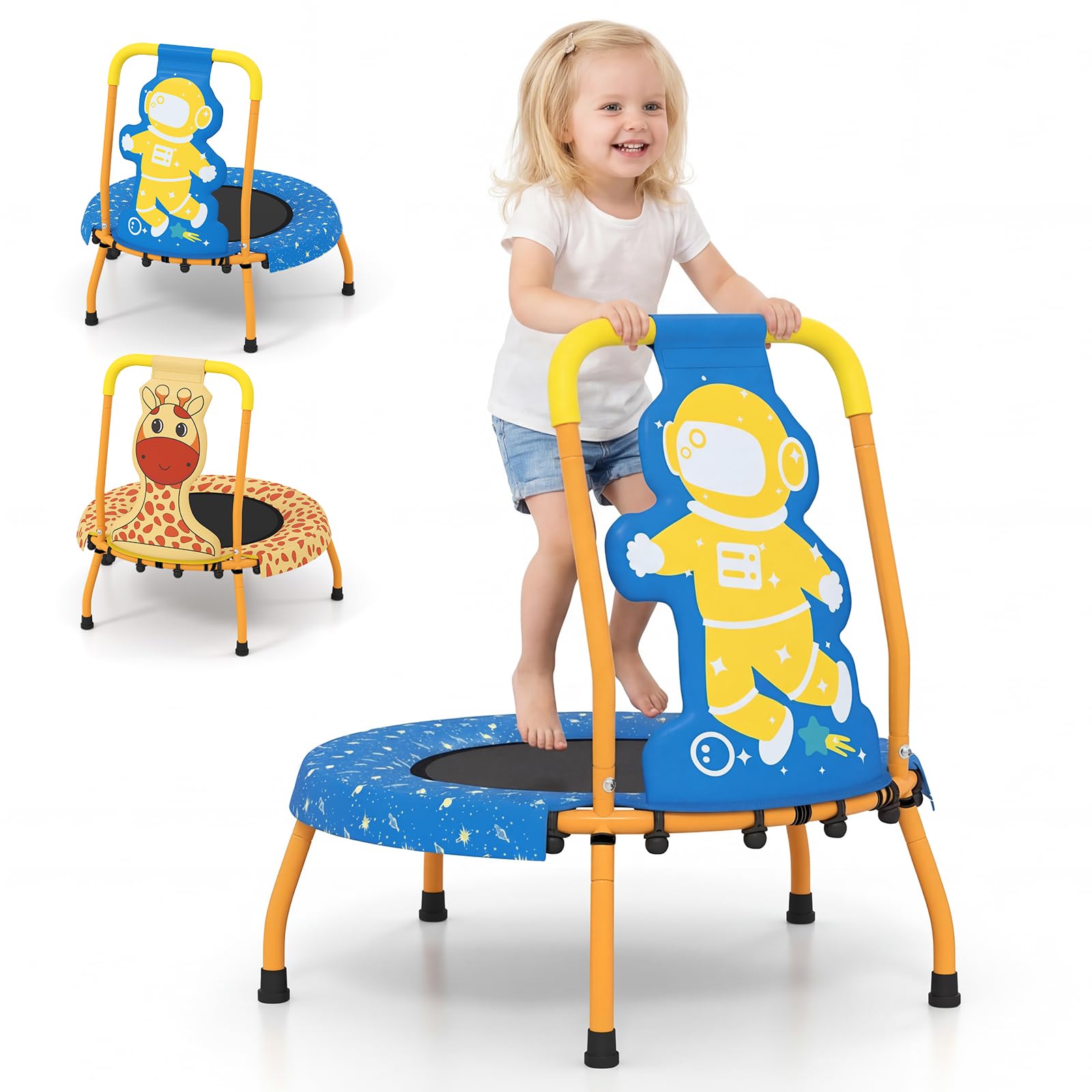 GYMAX Petit Trampoline Intérieur Extérieur pour Enfants 3 à 6 Ans, avec Poignée en Mousse, Tapis de Saut sans Entraves, Charge Max.80kg, Motif Ludique
