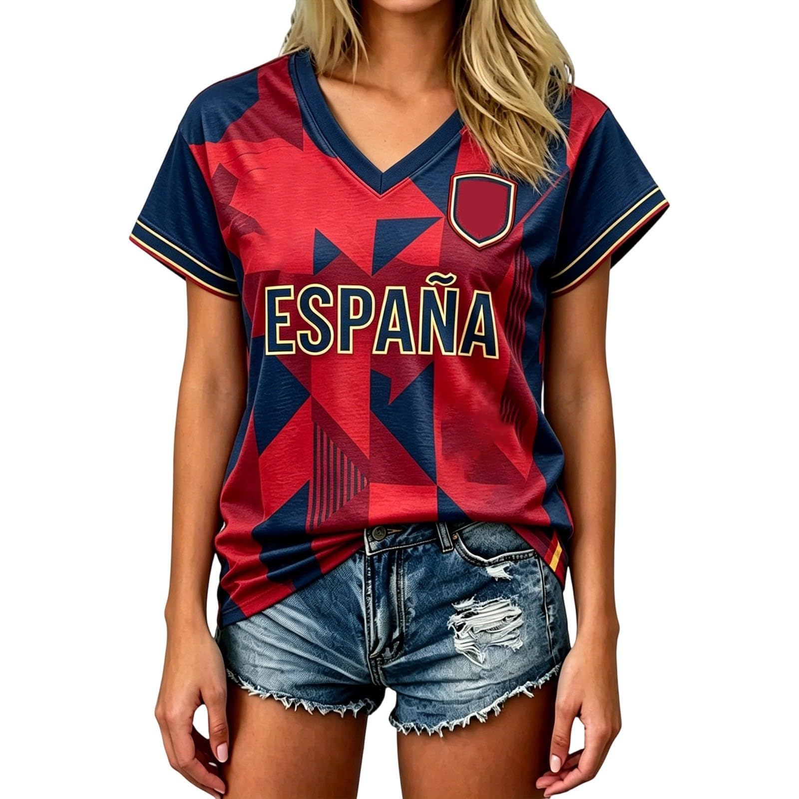Spain Football T-Shirt for Women Short Sleeve V-Neck Shirts Spain Flag Comfortable Casual Tee Retro Soccer Jersey Adult and Kids Summer Tops (3-Dark Blue, 12-13 Years)