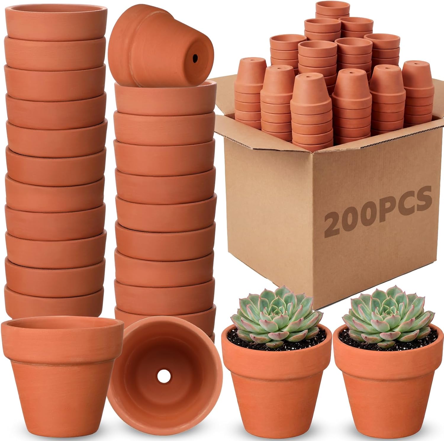 Nuogo 200 Pcs Mini 2" Terracotta Pot Bulk Small Plant Pots, Tiny Clay Pots Nursery Flower with Drainage Holes for Indoor Outdoor Succulent Cactus Plants Crafts Wedding Decorations
