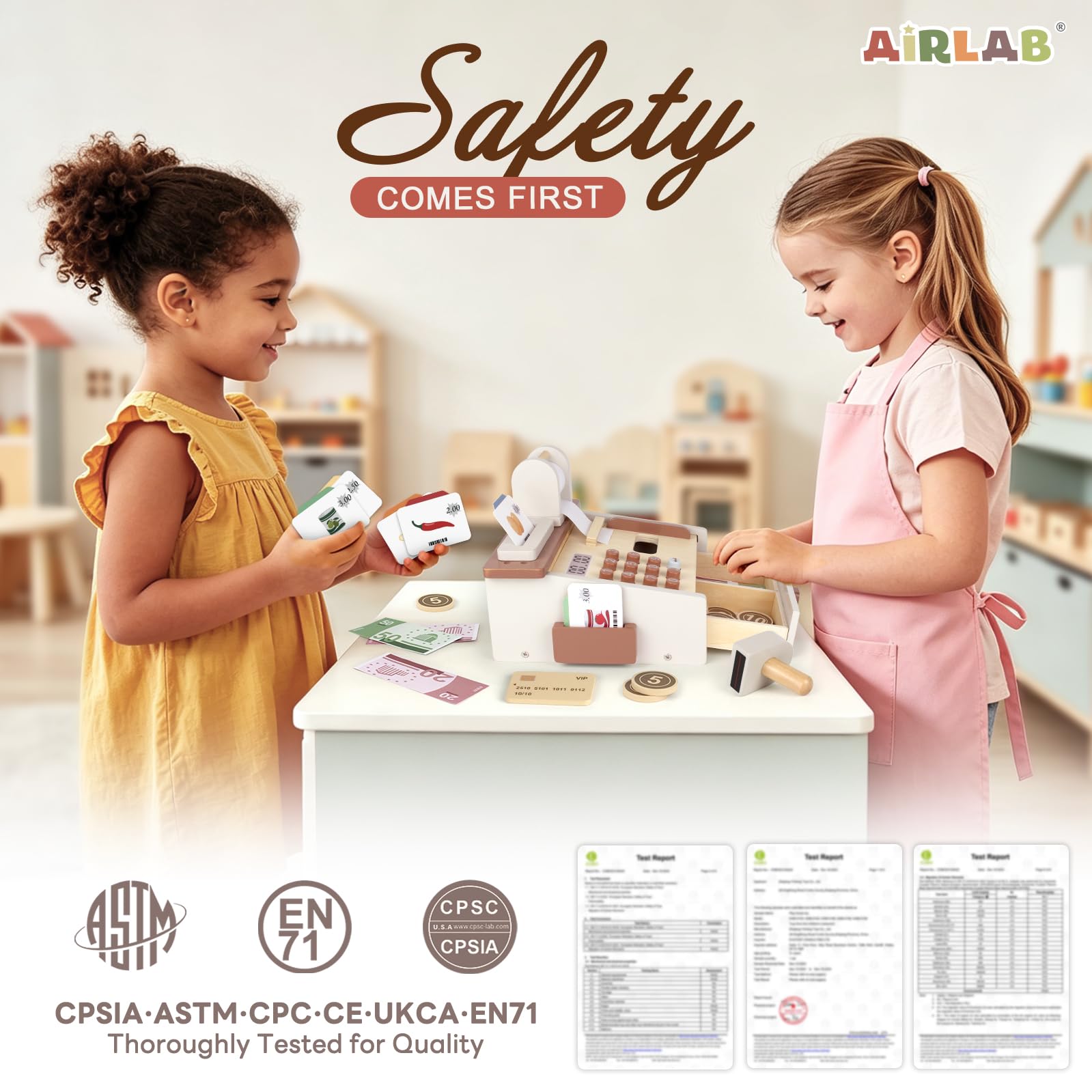 Airlab Kaufladen Zubehör Holz Kasse Spielzeug, Holzspielzeug Kasse Kinder, Kinderkasse mit Scanner Spielgeld, Spielkasse für Kinder, Registrierkasse Rollenspiel Geschenk Mädchen Jungen