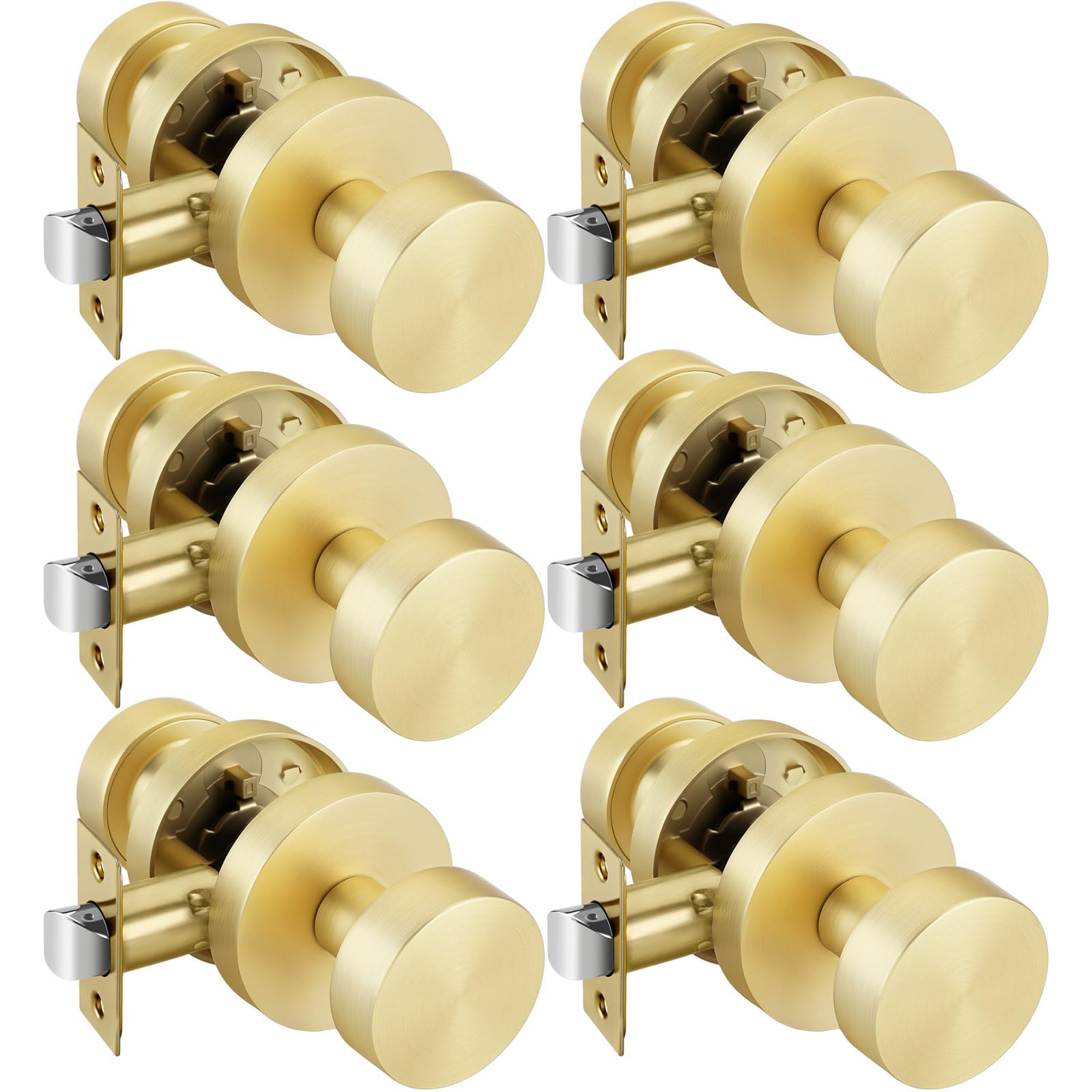Goldenwarm Gold Door Knobs Passage, Zinc Alloy Keyless Brushed Gold Door Knobs Interior for Hallway &amp; Closet &amp; Living Room, Non-Locking Function, Adjustable &amp; Reversible (6 Pack)