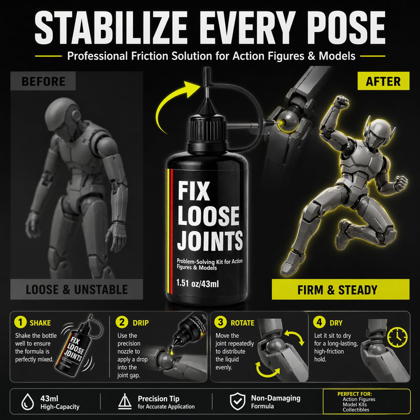 43ml Fix Loose Joints Solution for Action Figures & Models, Precision Needle Head, Fast-Acting Long-Lasting Hold, Safe for Action Figures and Models
