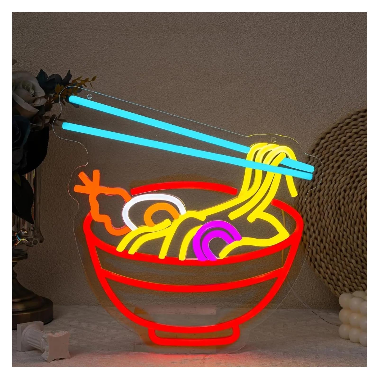 LEMST Sign Lamp Ramen Neon Sign Colorful Light Dimmable USB Powered for Food Noodle Japanese Restaurant Kitchen Wall Decor 32.51cmx32.77cm