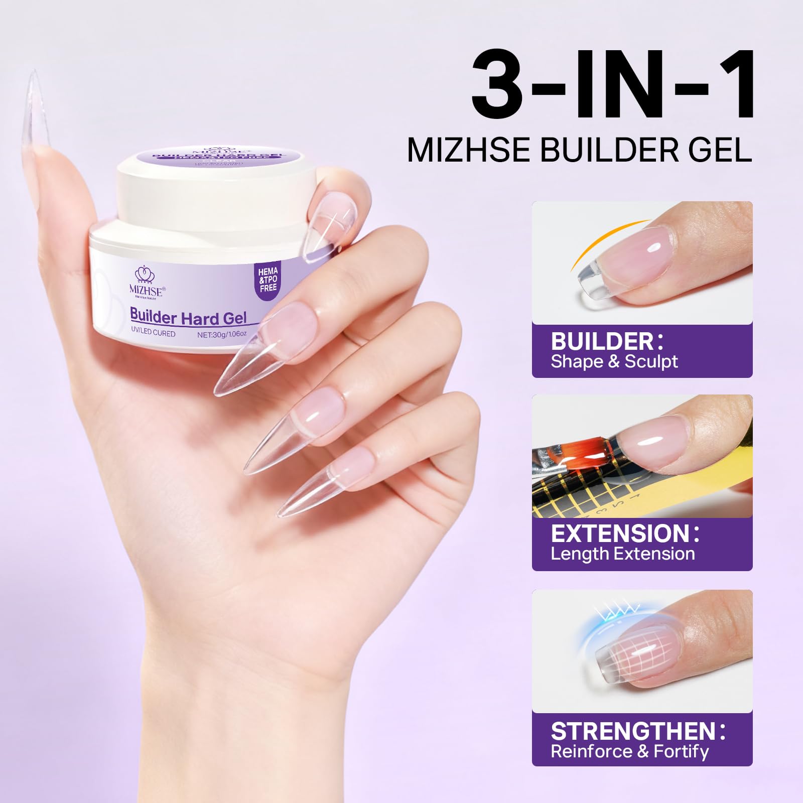 MIZHSE Żel budujący do paznokci żelowych, bez HEMA, bez TPO, przezroczysty żel builder do paznokci | Builder Gel No File, żel budujący UV, przedłużenie paznokci, wzór paznokci, 16 ml
