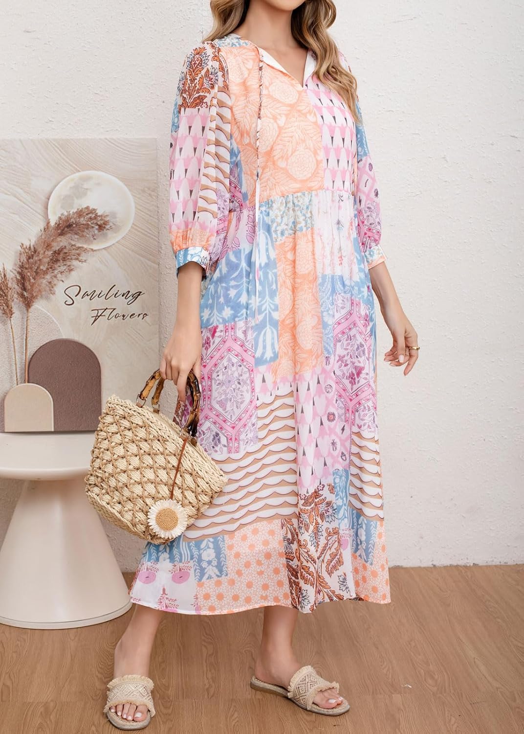 CHARTOU Women Boho Floral Printed Long Dress Summer Lantern Half Sleeve Beach Flowy Loose Swing Sundress - Image 7