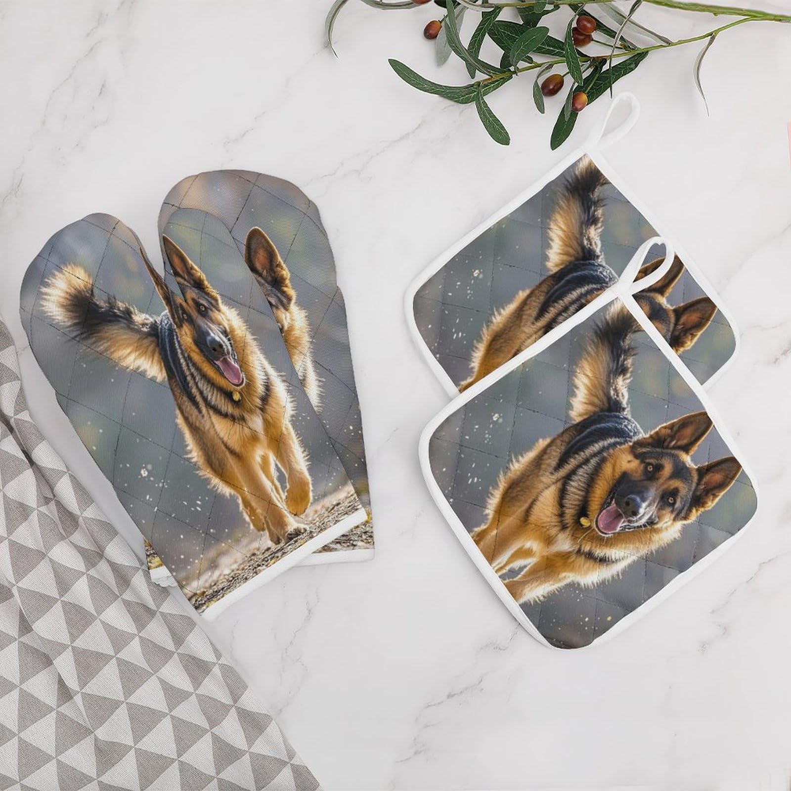 Oven Mitts & Pot Holders Set Of 3 – Heat Resistant Non-Slip Kitchen Gloves With Cute German Shepherd Dog Print, Ideal For Baking, Grilling, BBQ (2 Mitts + 1 Pad)