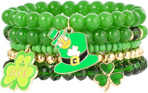 RISHEGAE St Patricks Day Bracelets for Women Stack Boho Colorful Green Glass Bea