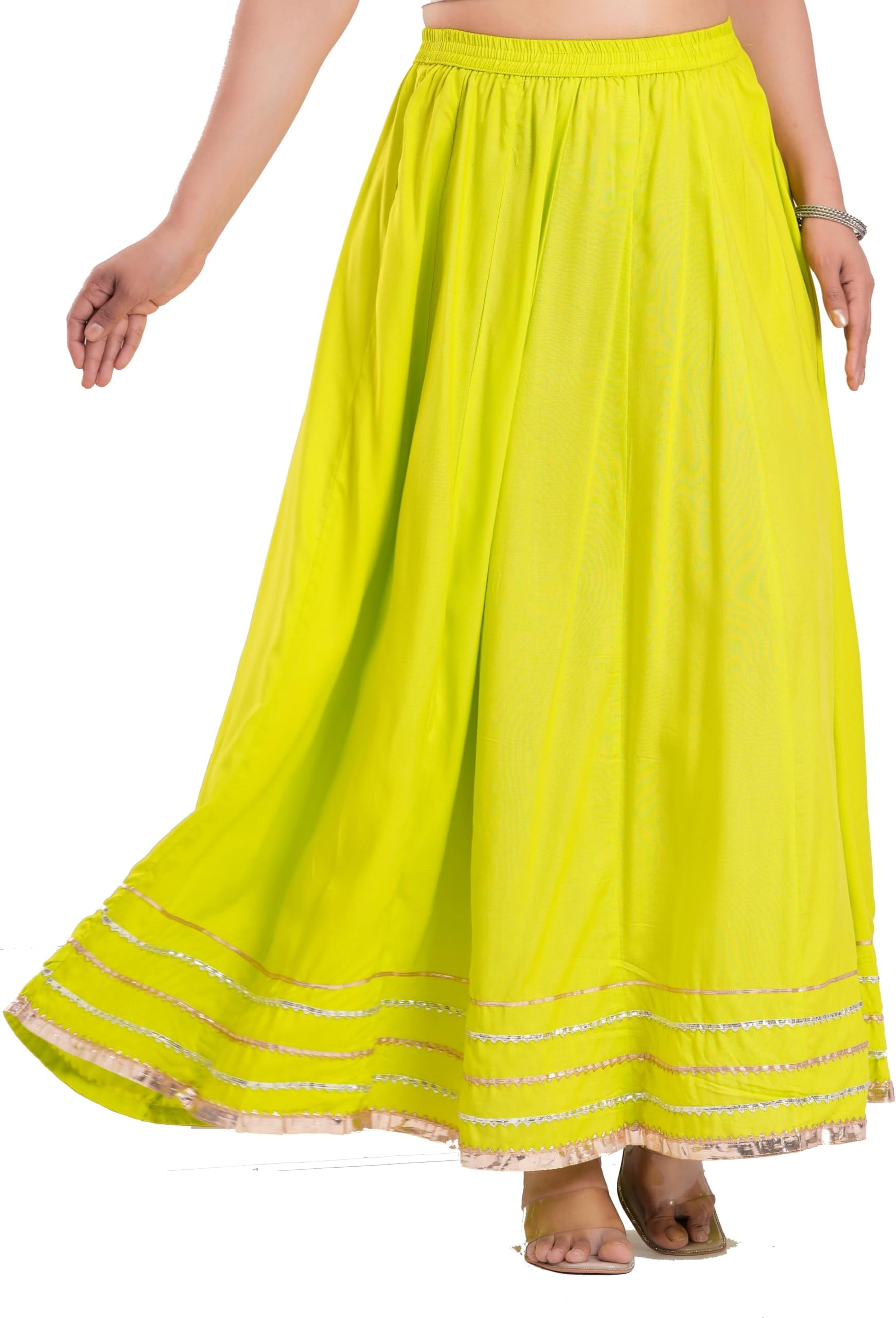 Women's Solid Gota Laces Flared Skirt (SK182Green)