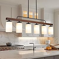 Vista 13 de Lámpara de comedor de granja sobre mesa, iluminación de isla de cocina de madera negra de 4 luces con vidrio blanco leche, lámparas colgantes