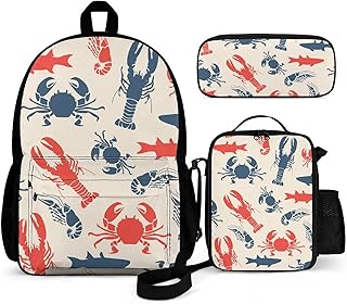 Delerain Crab Lobster Fish 3 Pcs Backpack Set for Kids Back to School Bookbag with Lunch Box and Pencil Case Durable Lightweight Travel for Teens Students Boys Girls