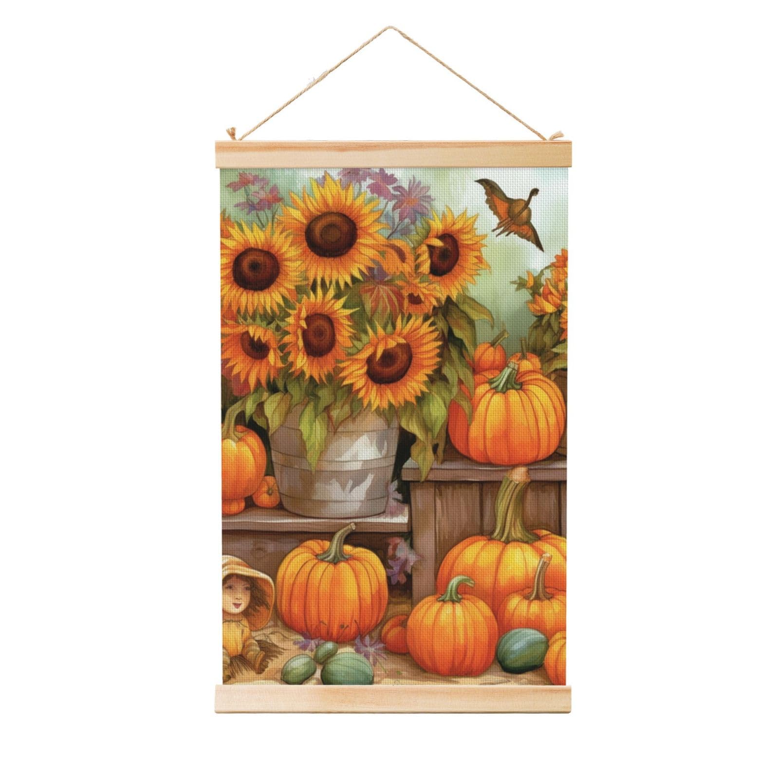 Autumn Sunflowers Pumpkins Poster Wooden Shaft Hanging Poster Wall Hanging Banner Canvas Artwork with Wood Frames 12"x18" Modern Artwork Decor Ready to Hang Wall Art for Home Decor Scroll Painting