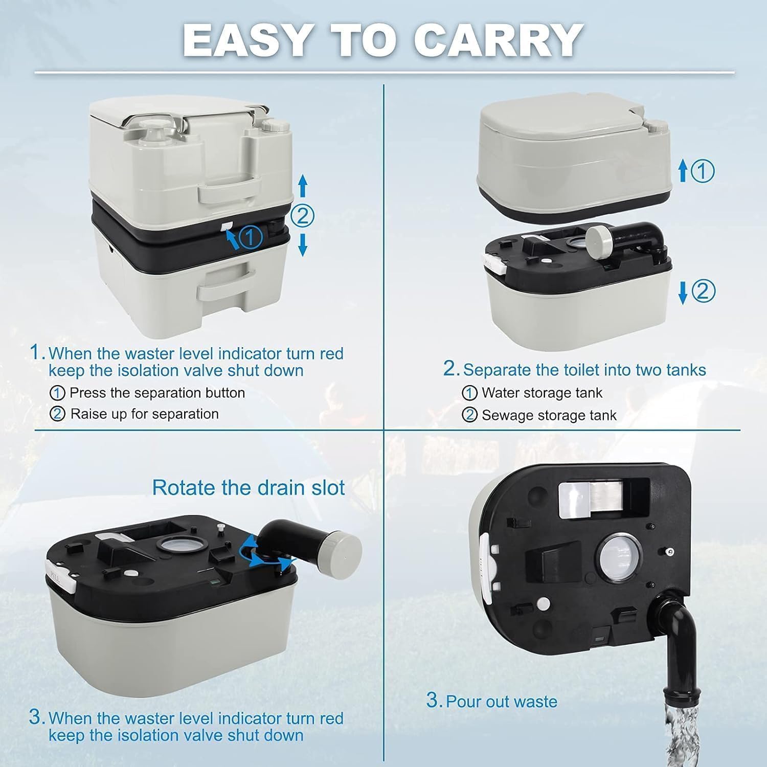 Portable Toilet, 6.4 Gallon 24L Piston Pump Flush with Level indicator Detachable Anti-Leak Handle Water Pump,Rotating Spout Indoor & Outdoor Hiking Toilet for Camping, Fishing Travel