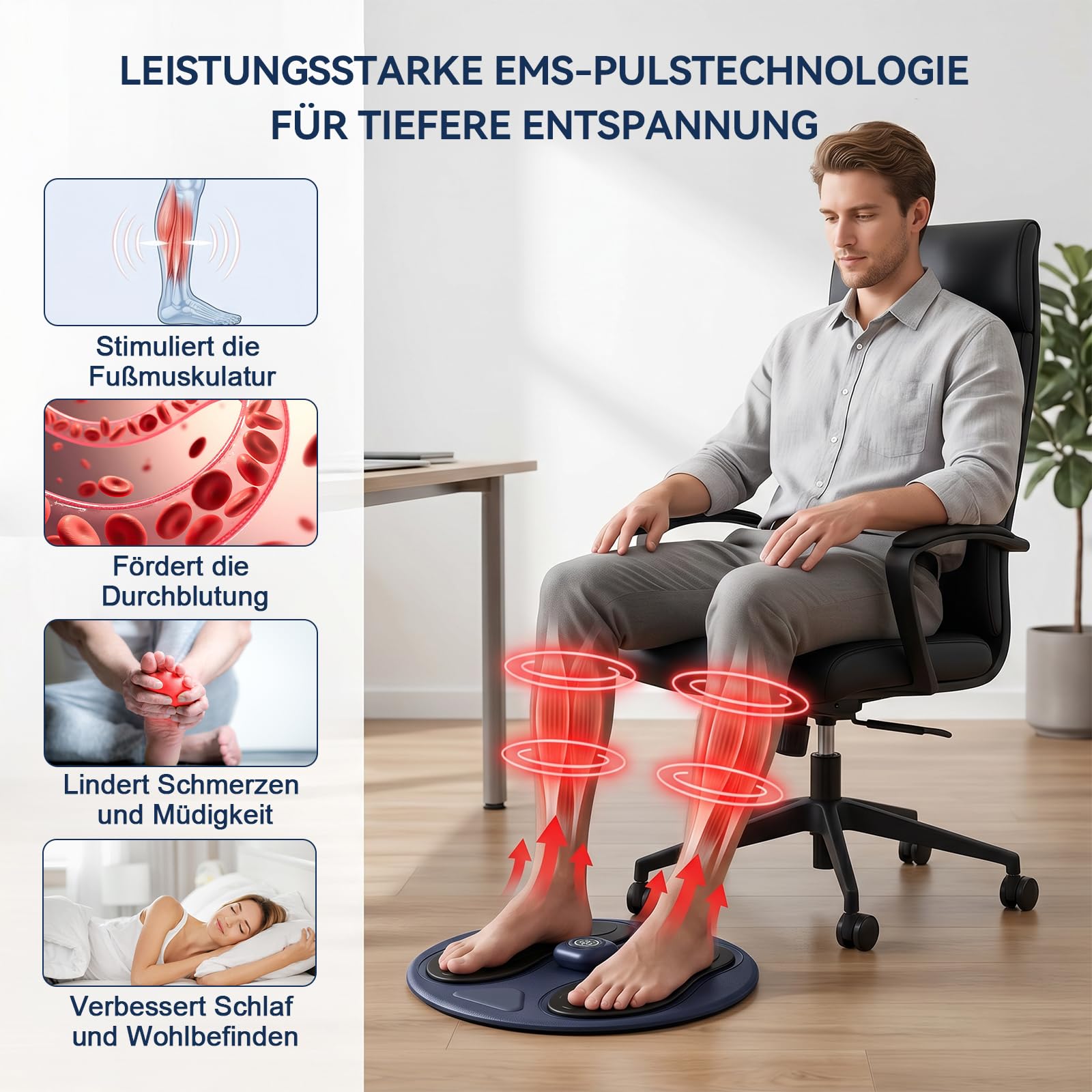 Vollsilikon EMS Fußmassagegerät, Durchblutungsstimulator für Füße & Beine | Fußmassageauflage mit EMS & TENS | Durchblutung | Lindert Fußschmerzen, Neuropathie, Krämpfe & Schwellungen