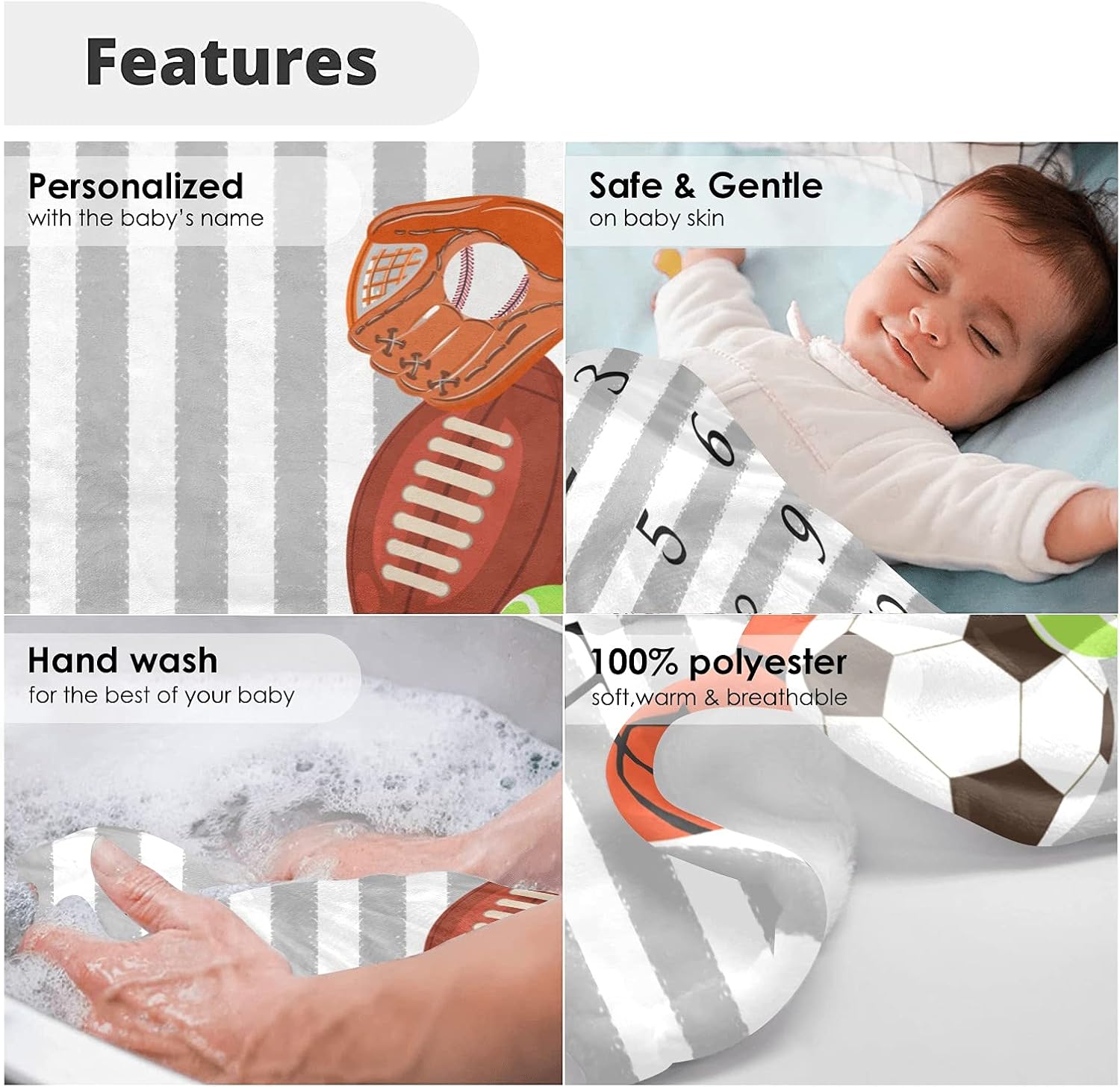 Ball Sport Monthly Milestone Personalized Receiving Baby Blankets for Girls Boys Kids with Name,Customized Swaddle Blankets Gift for Newborn Crib Infants 30x40 Inches