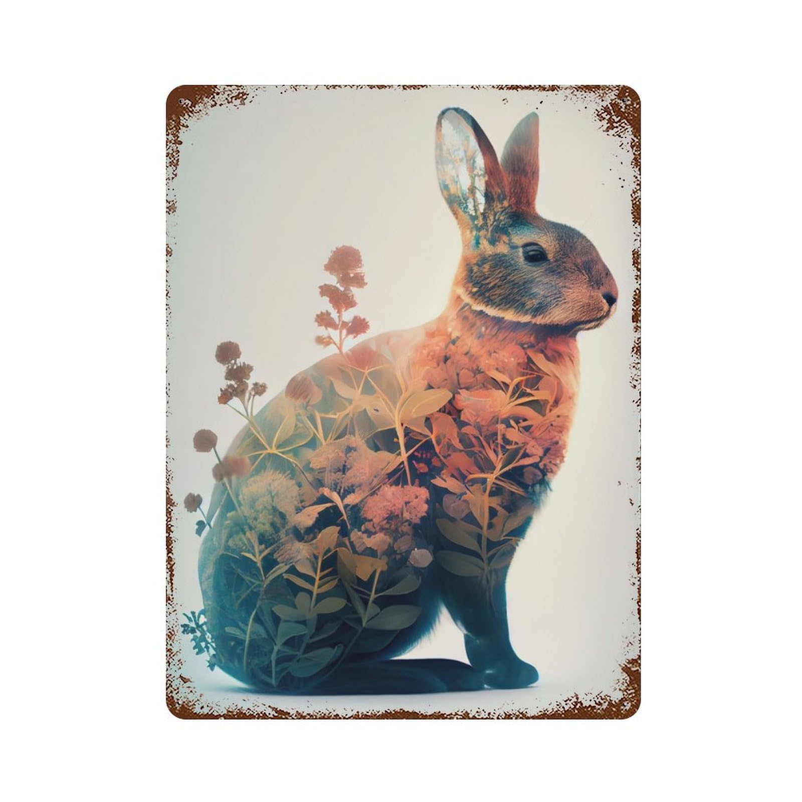 Rabbit Flower Vintage Rust Metal Sign 15.7"x11.8", Farmhouse Wall Decor for Garage, Pub Or Kitchen