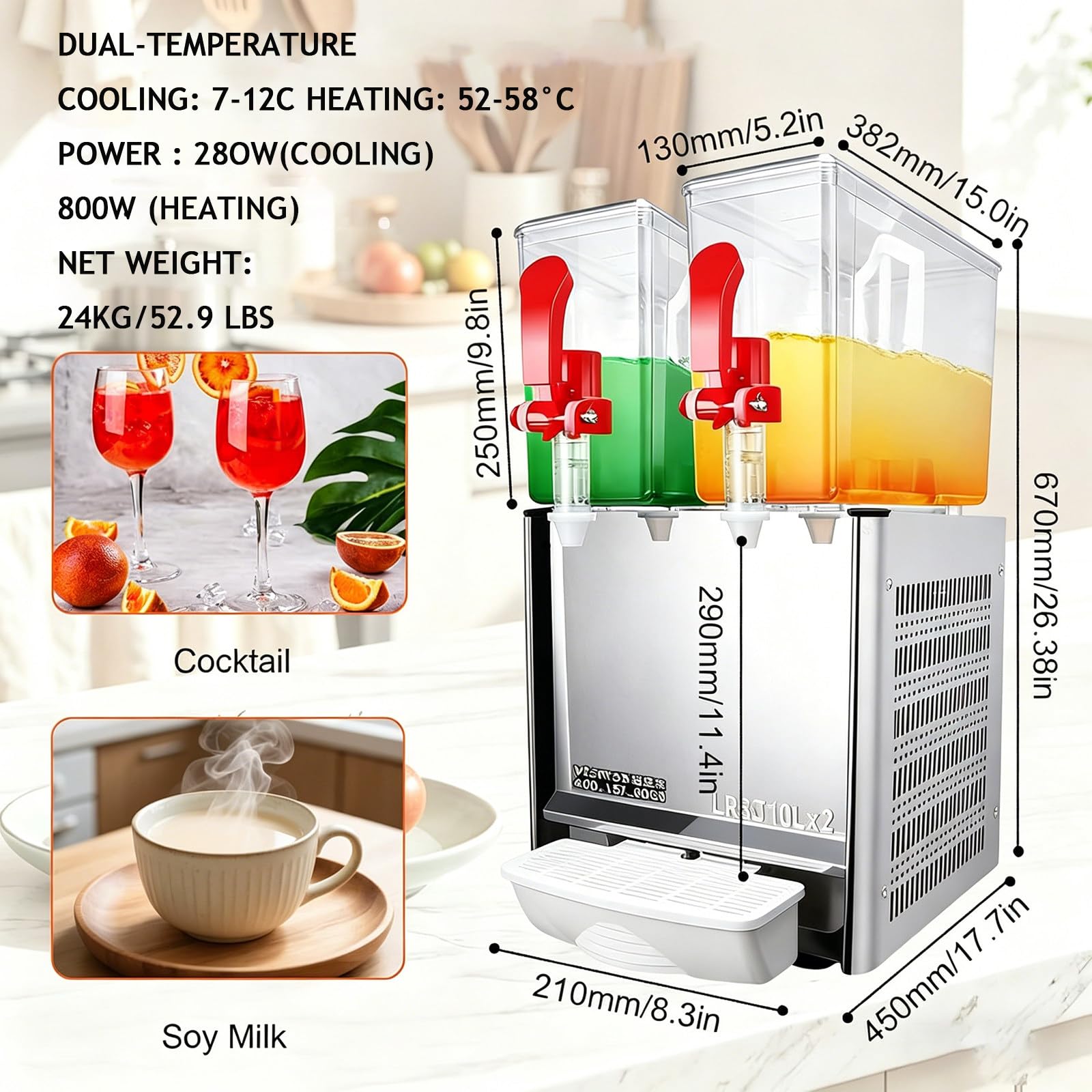 Distributore commerciale di succhi con termostato, dispenser per bevande in acciaio inox, per caffè, ristorante, bar, tè freddo e bevande fredde, 5 galloni