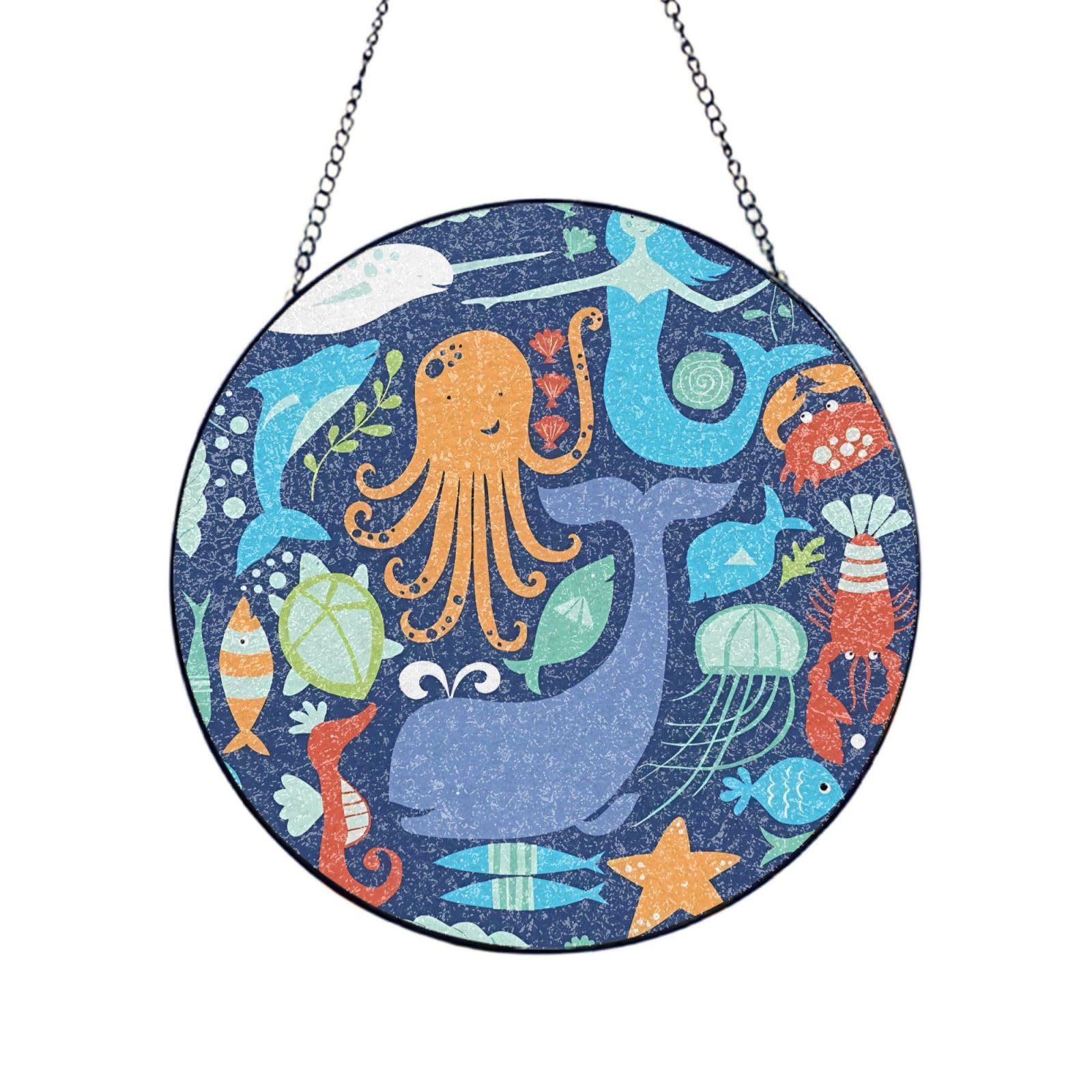Poezjzw Stained Glass Window Hanging - Ocean Whale Fish Octopus Sun Catcher For Door Garden Home Decor Christmas Mother'S Day Birthday Gifts 8in（20cm）