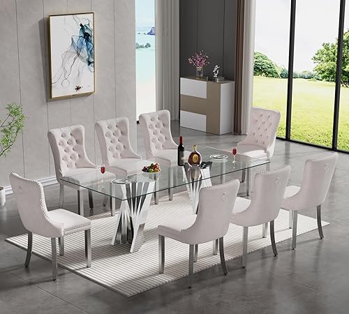 Miniatura 26 de SSLine Moderno juego de mesa de comedor de cristal de 7 piezas para 6 mesas de cocina y sillas de cristal dorado de lujo para 6 elegantes mesas de