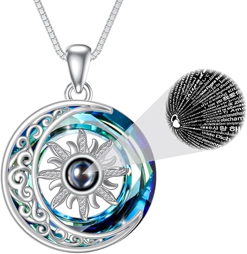 POPKIMI Collar de sol y luna de plata de ley, collar de amistad con texto en inglés "I Love You", 100 idiomas, Metal, Cristal
