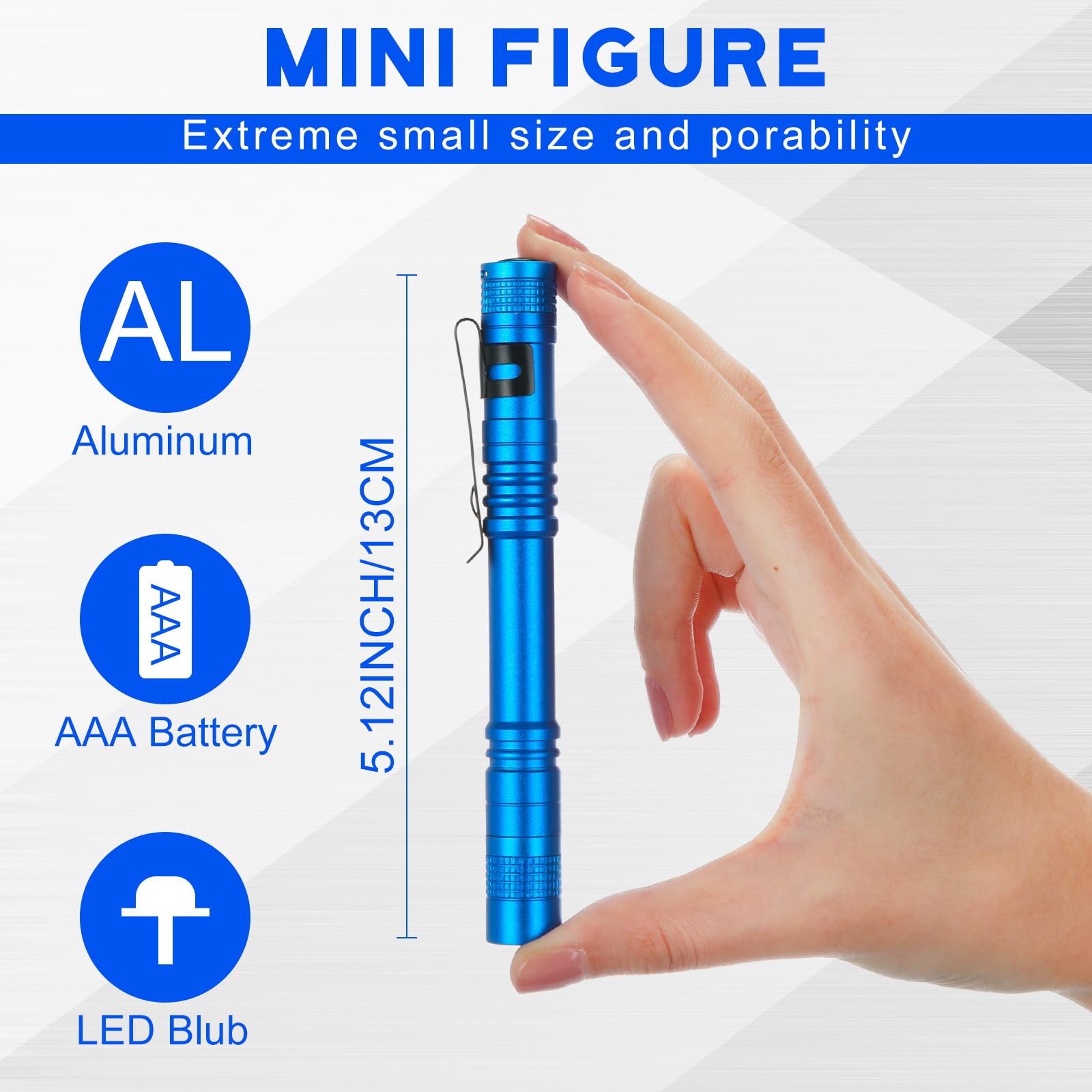 Hortsun 20 mini torce tascabili a forma di penna, con clip, piccole torce a LED, portatili, sottili, senza batteria (13 cm, blu)