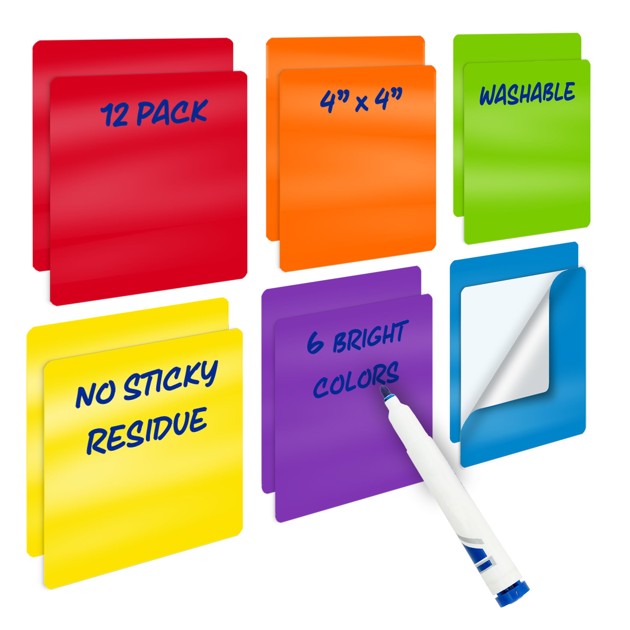 12 Pack Dry Erase Stickers, 4" x 4" Size, Assorted Colors, Easy to Remove Peel and Stick Vinyl Decals for Organizing, Color Coded Labeling of
