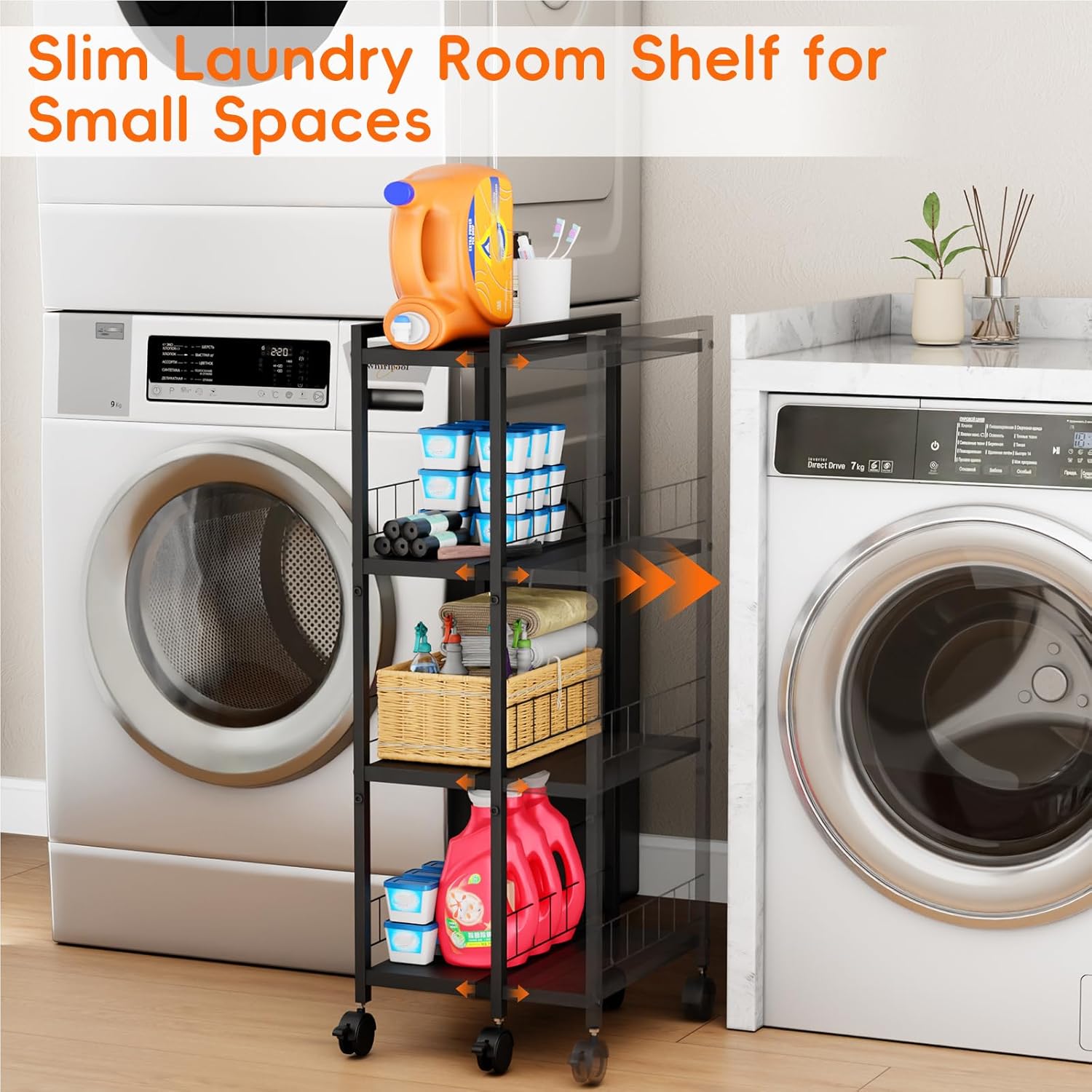 Expandable Slim Storage Cart with Wheels, 4 Tier Narrow Metal Rolling Utility Cart Organizer Adjustable Open Floor Shelf Unit for Small Spaces Bathroom Laundry Room Kitchen